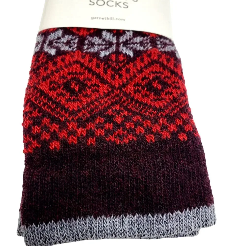 Garnet Hill Fair Isle Socks Sz 9-11 Warm Wool Cashmere Blend Crew Dk Maroon Red